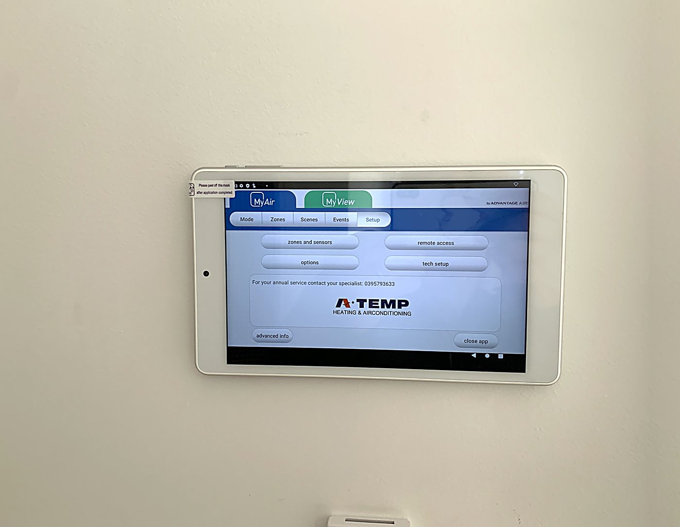 Advantage Air MyAir wall touchscreen with the A-Temp logo, installed in a Melbourne home by A-Temp