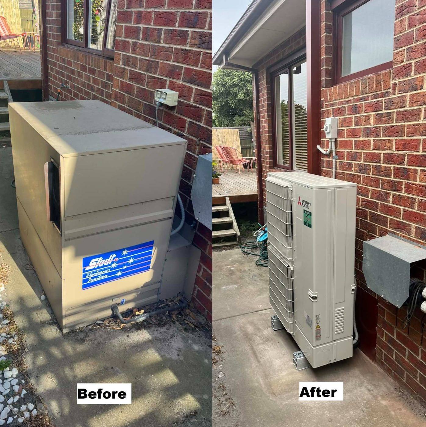 Before and after: old gas ducted heater replaced with an efficient electric reverse-cycle system under the VEU program
